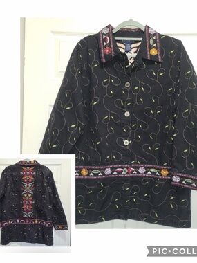 Denim&Co Black Blazer Embroidered Flowers & Leaves Shirt‎ Jacket Shaket Large